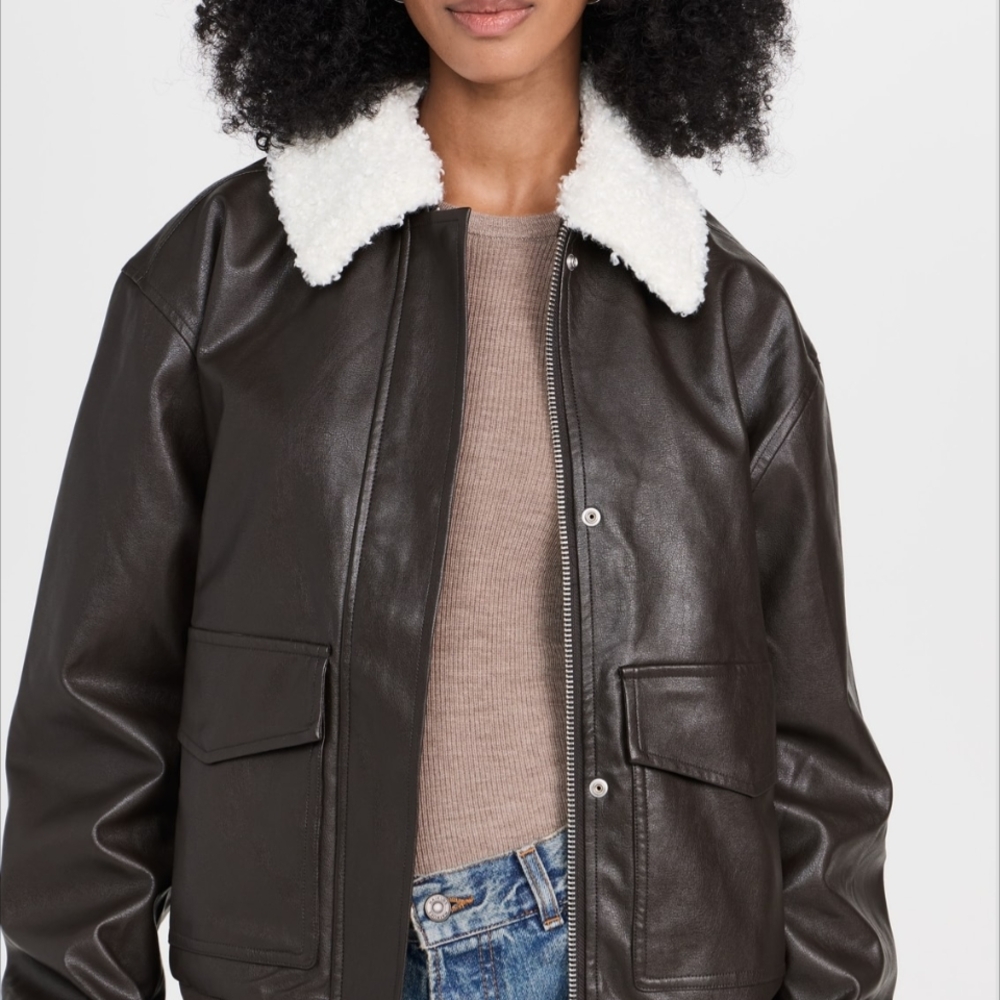 NWT Wayf Faux Leather Bomber Jacket With Removable Shearling Collar